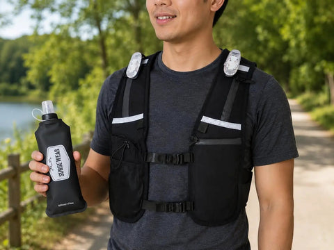 Person wearing Hands Free Hydration Running Vest With 500ml Soft Flask BPA Free PVC Free Reflective Gear Adjustable Unisex Fit 4 LED Lights 6 Pockets For Running Accessories Perfect Gear For Runners On The Go holding black soft flask outdoors.