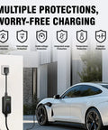 Portable 32 Amp Level 2 EV Charger With 25 Foot Cable And Nema 14-50 Plug UL Certified charging with multiple protections shown.