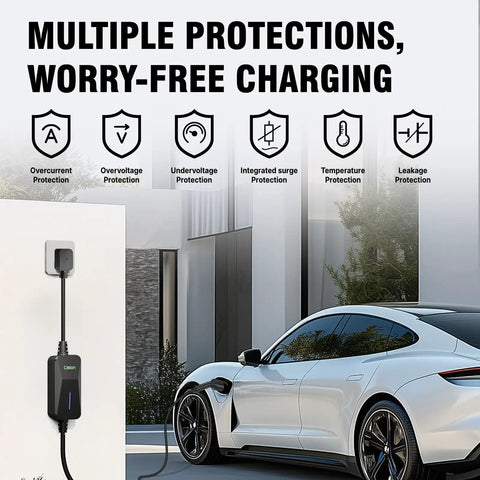 Portable 32 Amp Level 2 EV Charger With 25 Foot Cable And Nema 14-50 Plug UL Certified charging with multiple protections shown.