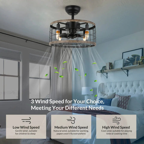 Small 18 Inch Caged Ceiling Fan With Lights And Remote Control Industrial Rustic Farmhouse Enclosed Bladeless Ceiling Fan For Bedroom Kitchen Living Room Black installed in a modern bedroom.