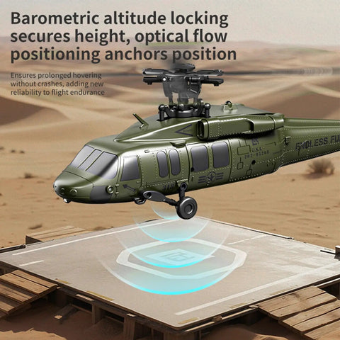 Green D21 Brushless RC Helicopter for Teens 6 Channel Stunt Copter with One Click Inverted Flight hovering above pad