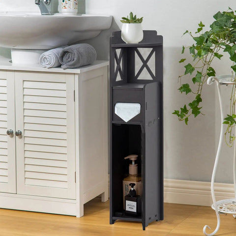 Slim Toilet Paper Storage Cabinet For Tiny Bathrooms, Narrow Corner Shelf With Doors And Shelves, 29.9 Inch Tall, black in bathroom