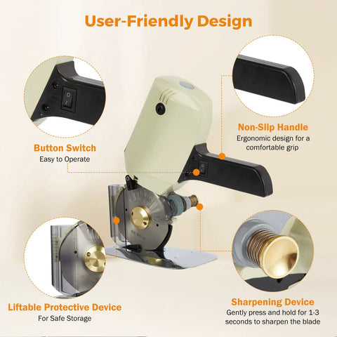 Close-up of BEAMNOVA Electric Rotary Cutter with ergonomic non-slip handle and safety features for precision cutting.