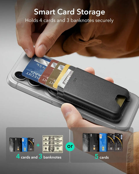 Slim MagSafe Card Wallet With RFID Blocking, Holds Up To 5 Cards in use with credit cards on iPhone, hands holding the phone