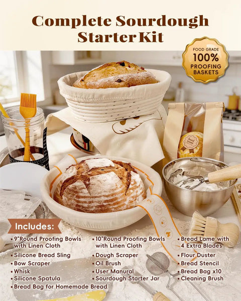 All In One Sourdough Starter Kit For Beginners With Manual Included showing proofing baskets, bread, tools, and supplies