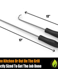 Food Flipper And Meat Hook For Grilling And Barbecue Perfect For Flipping And Turning Ribs Vegetables And Meats Right Handed Large 17 Inch And Small 12 Inch Black Stainless Steel Grill Tool Set For Smokers And BBQ Enthusiasts, showing 17in and 12in tools with black handles.