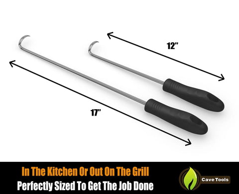 Food Flipper And Meat Hook For Grilling And Barbecue Perfect For Flipping And Turning Ribs Vegetables And Meats Right Handed Large 17 Inch And Small 12 Inch Black Stainless Steel Grill Tool Set For Smokers And BBQ Enthusiasts, showing 17in and 12in tools with black handles.