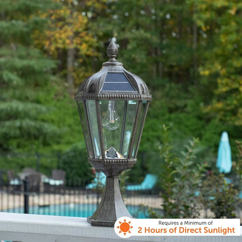 Baytown Solar Outdoor Light With Pole Pier And Wall Mount Kit on wooden post, glass panels, solar-powered LED, garden view