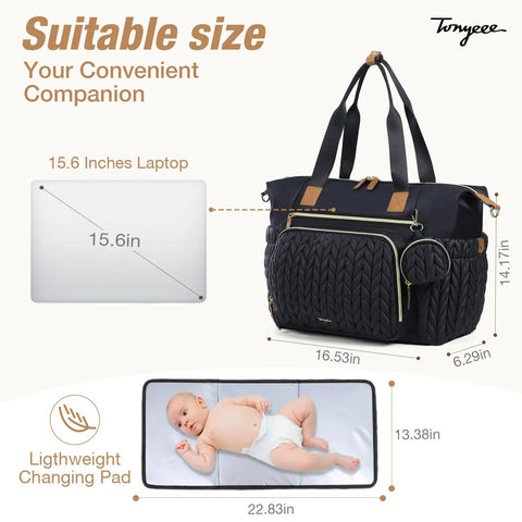 Large Waterproof Diaper Tote Bag For Hospital Labor Delivery With Pacifier Case And Changing Pad, shown with dimensions and open pad.