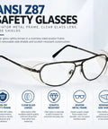 Built Like A Tank Aviation Style Safety Glasses With Detachable Side Shields, Ansi Z87 Certified Crystal Clear Glass Lenses, Heavy Duty Scratch Resistant Metal Frame with clear lenses and stainless steel frame.