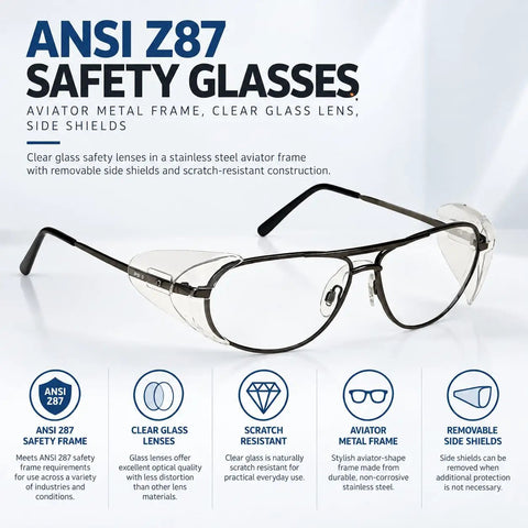 Built Like A Tank Aviation Style Safety Glasses With Detachable Side Shields, Ansi Z87 Certified Crystal Clear Glass Lenses, Heavy Duty Scratch Resistant Metal Frame with clear lenses and stainless steel frame.