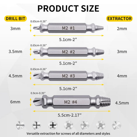 Stripped Screw Extractor Set 4PCS M2 Steel Broken Bolt Remover Easy Out Reverse Drill Bit Tool sizes and specifications diagram
