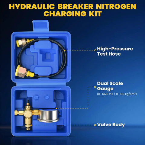 Hydraulic Breaker Hammer Nitrogen Gas Charging Kit With Dual Scale Gauge Glycerin Filled Brass And Stainless Construction Long 90 Cm Test Hose Pro Grade Nitrogen Pressure Test Tools For Hydraulic Breakers