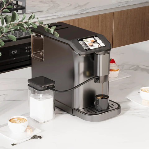 Dual Boiler Fully Automatic Espresso Machine With Built In Grinder And Self Cleaning Tech Lcd Touchscreen brewing coffee.