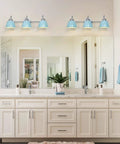 Blue Metal Shade Three Light Vanity Light With Brushed Nickel Finish Over Mirror For Bathroom Bedroom And Hallway, 21.5 Inch Length