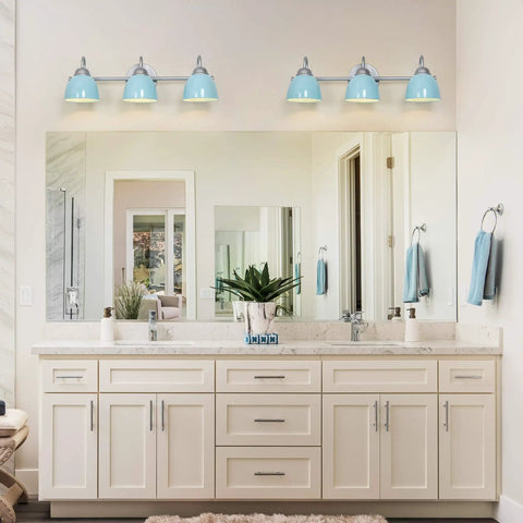 Blue Metal Shade Three Light Vanity Light With Brushed Nickel Finish Over Mirror For Bathroom Bedroom And Hallway, 21.5 Inch Length