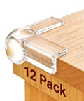 12 Pack Clear Corner Protectors Baby Proof Furniture Edge Bumpers on wooden table corner, featuring transparent design.