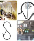 7 Pack S Hooks With Safety Buckle For Heavy Duty Hanging On Small Diameter Rods 5 Inch Black Vinyl Coated Wire Hooks For Shelves Pots Plants Bags Kitchen Utensils Cups And Pans shown in various uses including kitchen and storage.