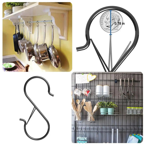 7 Pack S Hooks With Safety Buckle For Heavy Duty Hanging On Small Diameter Rods 5 Inch Black Vinyl Coated Wire Hooks For Shelves Pots Plants Bags Kitchen Utensils Cups And Pans shown in various uses including kitchen and storage.