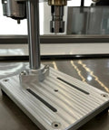 Mini Drill Press Bench Tool with ER11 Chuck and Micrometer, showing the metallic benchtop base design for stability.
