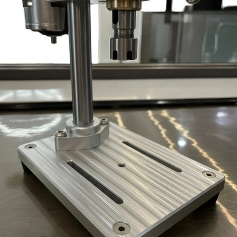 Mini Drill Press Bench Tool with ER11 Chuck and Micrometer, showing the metallic benchtop base design for stability.