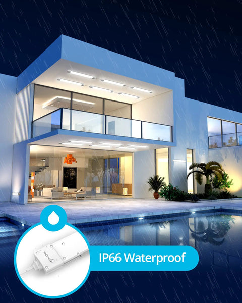 Exterior view of a house with Plug In Ceiling Light Bar Two Foot LED Tube 5000K Daylight Bright Linkable Garage Fixture 18W shining.