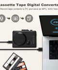 Portable Cassette Player And Tape Recorder With Cassette To MP3 Converter connected to laptop, black finish.