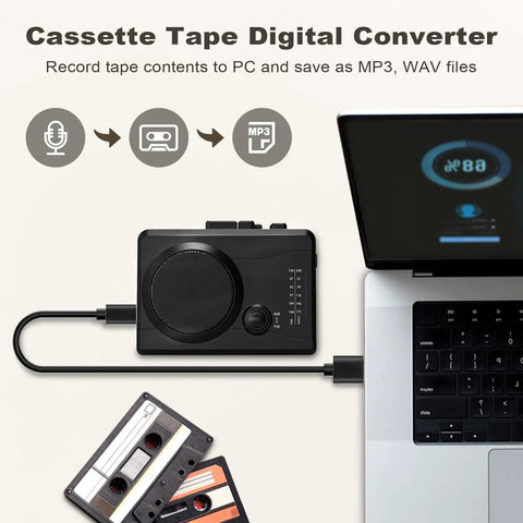 Portable Cassette Player And Tape Recorder With Cassette To MP3 Converter connected to laptop, black finish.