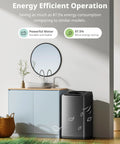 Front view of Comfee portable washing machine, compact silver-gray unit beside a blue bathroom vanity.