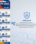 Premium Leak Proof LR41 Button Batteries AG3 Alkaline Cells 10 Pack in child-proof blister packaging, 1.5V power source for devices.