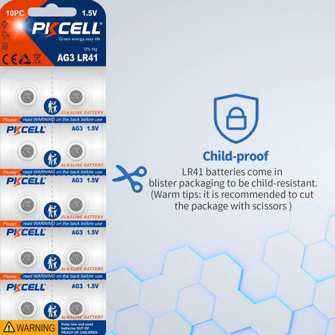 Premium Leak Proof LR41 Button Batteries AG3 Alkaline Cells 10 Pack in child-proof blister packaging, 1.5V power source for devices.