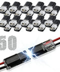Ultimate 50-Pack Reusable Double Wire Plug-In Connectors with Secure Locking Buckle and Quick-Clip Fasteners, shown in use.
