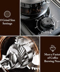 Game Changer Espresso Machine With Built In Grinder And Quick Dairy Frother For Easy Hot To Iced Drinks Dual Pump Auto Tamp 58Mm Portafilter 20 Bar Pressure Pid Temperature Control 3 Hole Steam Wand showing 35 grind size settings and grinder blade.