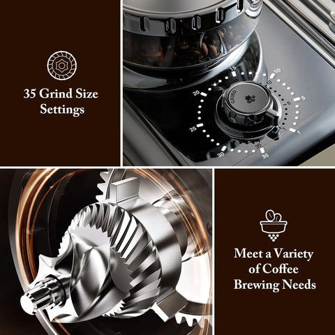 Game Changer Espresso Machine With Built In Grinder And Quick Dairy Frother For Easy Hot To Iced Drinks Dual Pump Auto Tamp 58Mm Portafilter 20 Bar Pressure Pid Temperature Control 3 Hole Steam Wand showing 35 grind size settings and grinder blade.