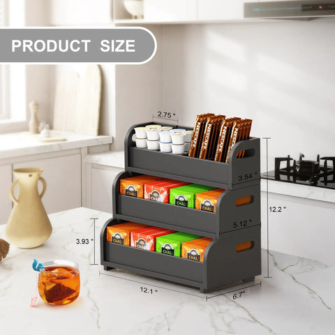 Go-To Tea Bag Organizer Rack With 3-Tier Bamboo Display, Stackable Wall Mount, Black, in kitchen setting with tea bags and cups