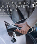 Close-up of hand plugging Dual Level Portable EV Charger For J1772 Vehicles into car, highlighting ETL safety features.