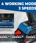 Close-up of Hardcore Garage Ready 20v Brushless Impact Wrench controls with speed settings and Smart Loosen Mode.