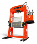 Heavy Duty 100 Ton Shop Press With Dual Hydraulic Rams And 125 PSI Air Assist, red steel frame and dual rams for pressing gears.
