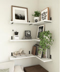 Premium White Floating Shelves Set Of 6 For Wall Decor And Home Storage, displaying books and decor in a stylish corner arrangement.