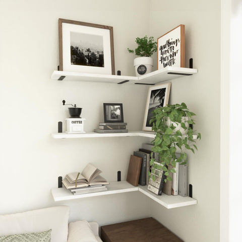 Premium White Floating Shelves Set Of 6 For Wall Decor And Home Storage, displaying books and decor in a stylish corner arrangement.
