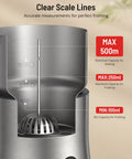 Close-up of 4 In 1 Milk Frother And Steamer With Detachable Milk System, 500ml Capacity, showing scale lines for frothing.