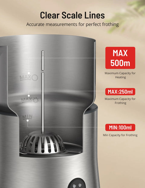 Close-up of 4 In 1 Milk Frother And Steamer With Detachable Milk System, 500ml Capacity, showing scale lines for frothing.