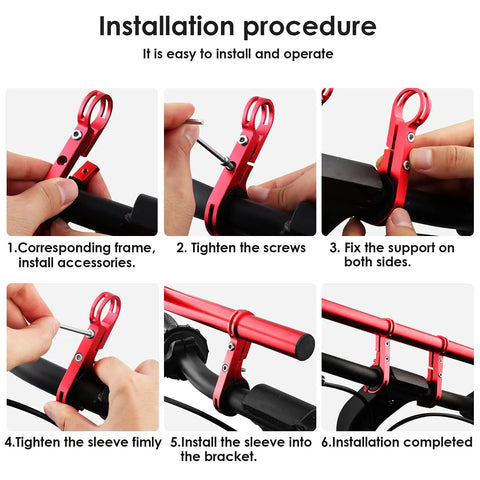 Installation steps for Extra Long 11.8 Inch Bicycle Handlebar Extender Aluminum Alloy Bracket on bike, focusing on tightening and securing.