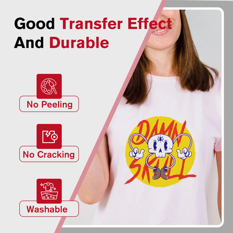 Woman wearing custom tee made with Printable Iron On Heat Transfer Paper For White And Light Fabrics, showcasing durability and quality.