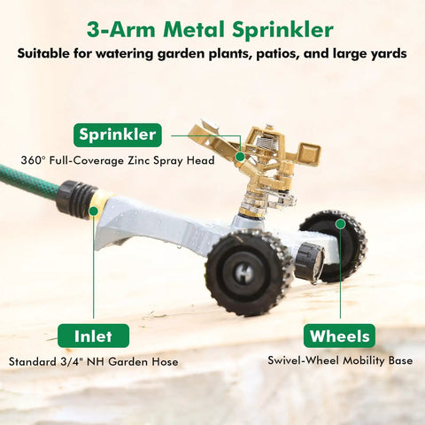 Heavy Duty Full Metal Pulsating Sprinkler With Wheeled Base, showing zinc alloy head and swivel-wheel base on lawn