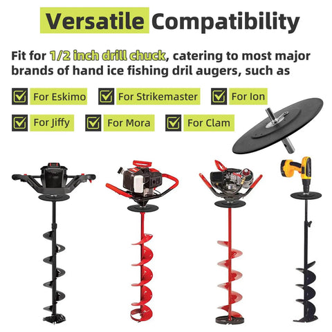 Ice Fishing Auger Drill Adapter For One Half Inch Drill Chuck showing compatibility with multiple hand augers including Eskimo, Strikemaster, Mora, Ion, Jiffy, Clam.
