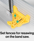 FitFinder Half Inch Gauge Wood Center Point Finder for table saw and bandsaw with yellow plastic body and metal guide.