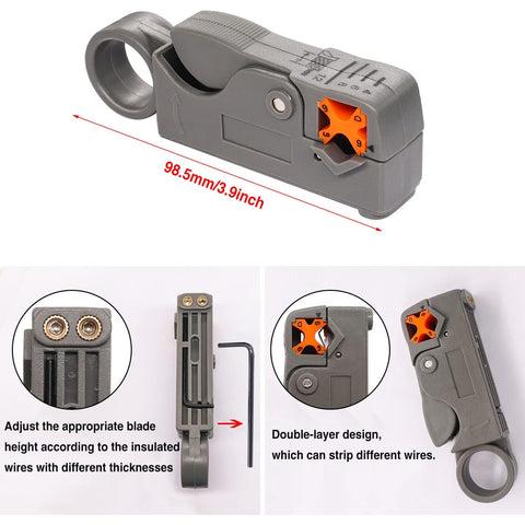 Coaxial Cable Tool Kit With Heavy Duty BNC Crimp Tool And 10 Pcs BNC Male Connectors, gray coax stripper, adjustable blade