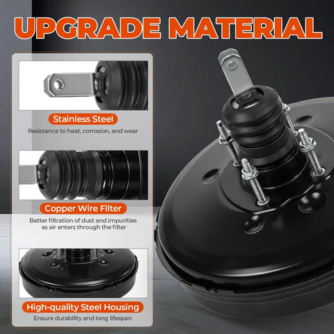 Straight Swap Vacuum Power Brake Booster Built Tough For Smooth Stops Fits 2007 Through 2010 Lincoln Mkx Ford Edge Plus 2007 Through 2015 Mazda Cx9 With 3.5L And 3.7L V6 Engines showing stainless steel and copper wire filter materials.