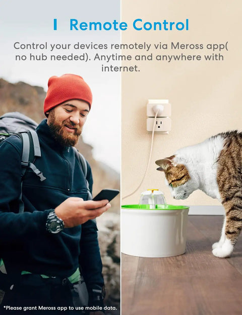 Smart Plug Mini Pack Of Four With 15 Amp Power, 2.4GHz WiFi, cat drinking water, man uses phone, remote control feature